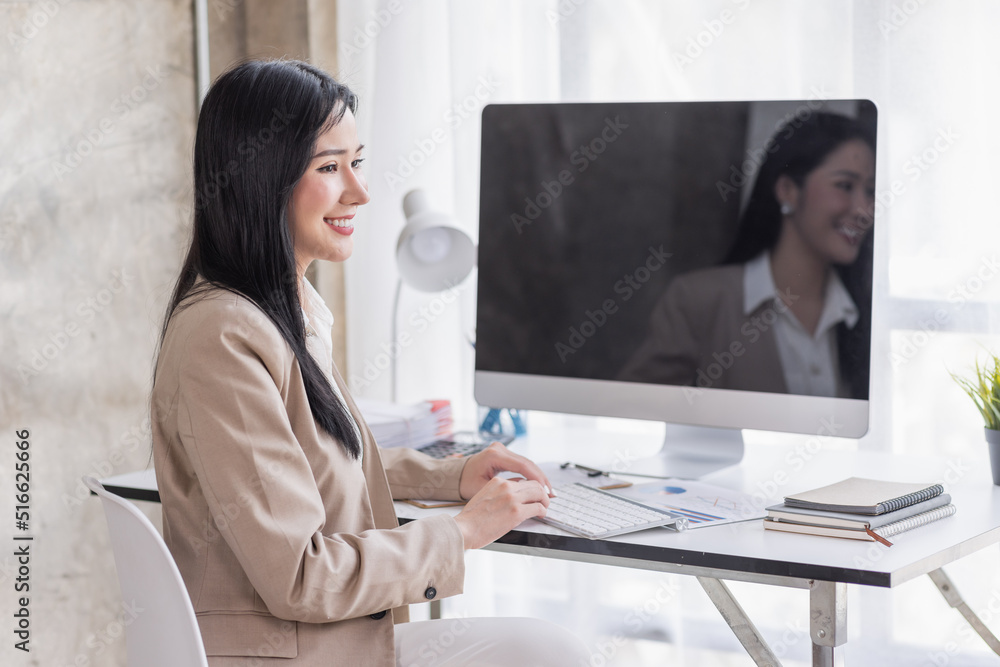 Portrait of Young woman using laptop computer at the office, Student girl working at home. Work or study from home, Asian woman freelance, business, lifestyle concept
Portrait of Young woman using laptop computer at the office, Student girl working at home. Work or study from home, Asian woman freelance, business, lifestyle concept