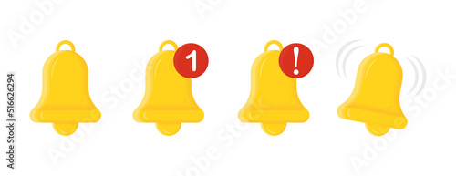 Notification bell icon set. The golden alert bell is shaking to alert the upcoming schedule. Vector illustration.