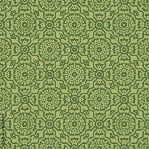 Seamless ornamental vector pattern in sage color with orientalist Ottoman kaftan style with stylised tulip motifs. Use for clothing, fabric prints, home textile, fashion design and wallpapers.