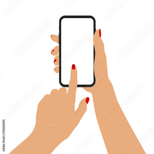 Female hand with manicure holding smartphone with white blank screen. Woman hand with mobile phone on white background. Phone display template. Vector illustration.