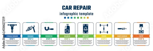 car repair concept infographic design template. included hydraulic breaker, headlight, micrometer, gallon oil, switch on, chassis, sharp chainsaw, piston icons and 8 steps or options.