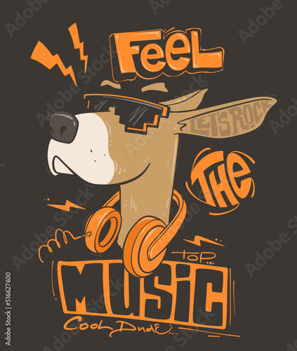 Funny dog with headphones and sunglasses. T-shirt Vector illustration.