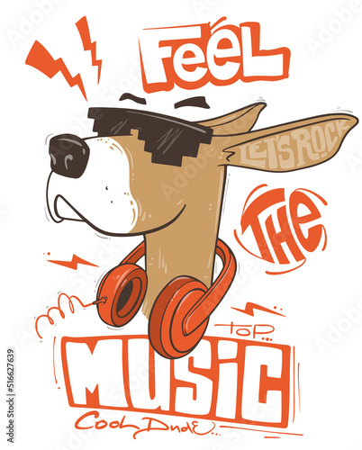 Funny dog with headphones and sunglasses. T-shirt Vector illustration.