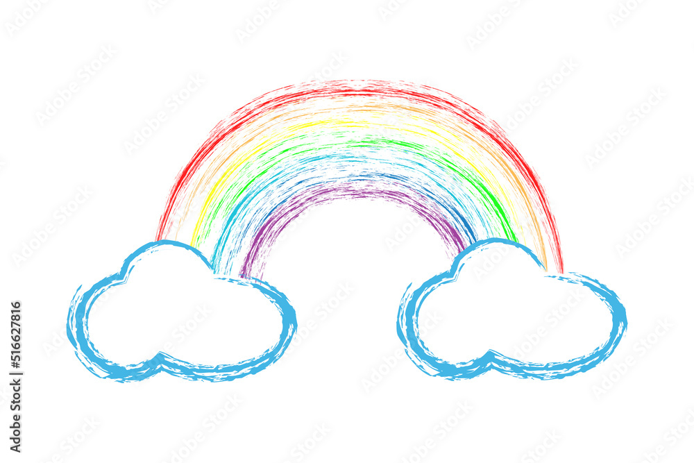 Rainbow Icon in hand draw style. Drawing with wax crayons. Vector chalk illustration of rainbow arc isolated on white background. - obrazy, fototapety, plakaty 
