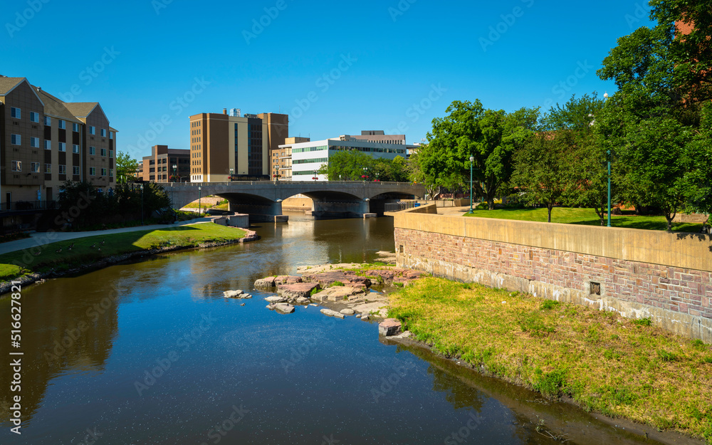 Riverfront landscape of Sioux Falls over Big Sioux River in South Dakota