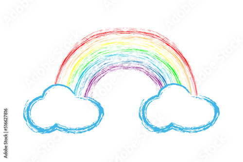 Rainbow Icon in hand draw style. Drawing with wax crayons. Vector chalk illustration of rainbow arc isolated on white background.