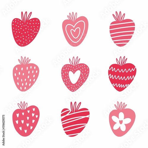 Vector strawberry set with various hand-drawn patterns