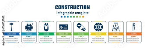 construction concept infographic design template. included sledgehammer, embroidery, handheld, business cards, timing belt, beadwork, stepladder, hand tool icons and 8 steps or options.