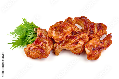Buffalo BBQ Chicken Legs with mizuna salad leaf, isolated on white background.