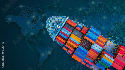 Aerial view container ship with world map digital network, Global business company supply chain logistic freight shipping import export transportation container cargo worldwide. photo