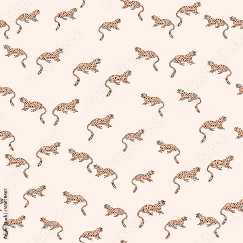 Decorative seamless pattern with doodle cute leopard. Hand drawn cheetah endless wallpaper. © smth.design