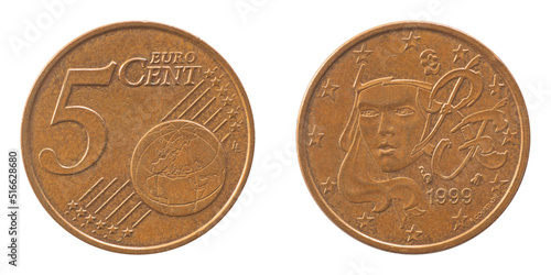 European Union 5 five cents copper aluminum alloy coin made in Karlsruhe Germany image Brandenburg Gate mint 1999.