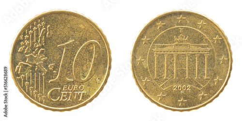 European Union 10 ten cents copper aluminum alloy coin made in Karlsruhe Germany image Brandenburg Gate mint 2002.
