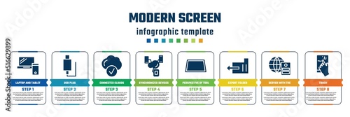 modern screen concept infographic design template. included laptop and tablet, usb plug, connected clouds, synchronized devices, perspective of tool, export folder, server with the earth, touch