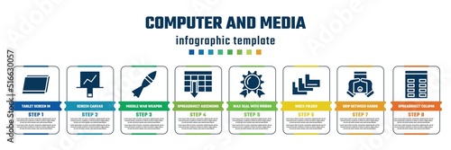 computer and media concept infographic design template. included tablet screen in perspective, screen canvas, missile war weapon, spreadsheet ascending order, wax seal with ribbon, index folder,