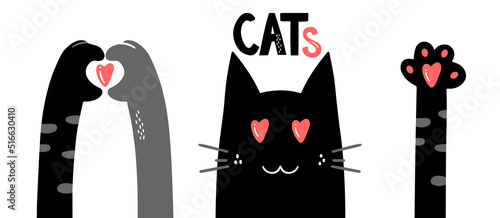 Draw a vector character design banner cat's paw with a small heart for Valentine's Day, cats Day
