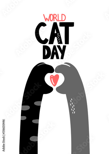 World cat day. Great purr day. Vector illustration in honor of the celebration of the international day of cats. Congratulatory card for cat lovers. Logo, label, emblem for the holiday of cats