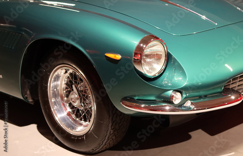 Vintage car close up photo. Beautiful details of retro motor car. 