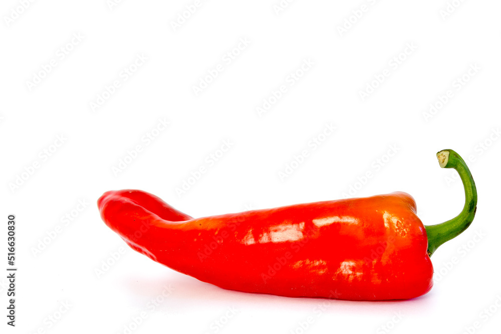 Front view of a red pepper; Capsicum annuum, isolated on a white background.