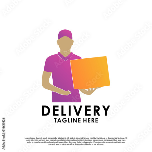 delivery logo design with delivery man or courier Premium Vector