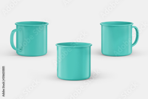 Turquoise color mug mockup isolated on grey background with left, right & center view.
