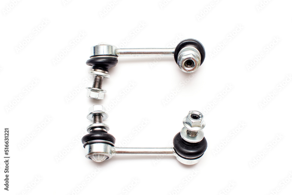 Suspension stabilizer bar car spare part. Thrust of two spherical joints isolated on a white background. Suspension stabilizer bar car spare part. Thrust of two spherical joints isolated on a white background.