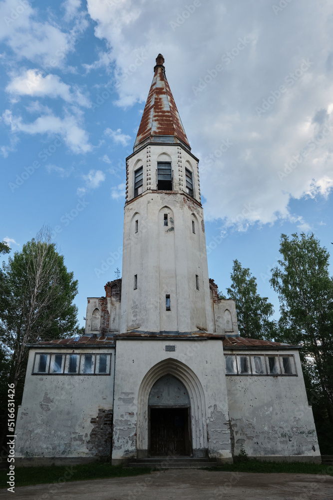 Old abandoned Finnish temple. Lutheran Church in Lumivaara, Republic of Karelia. Popular tourist destination in Russia. Outside view of building and architecture of 20th century. The front entrance.