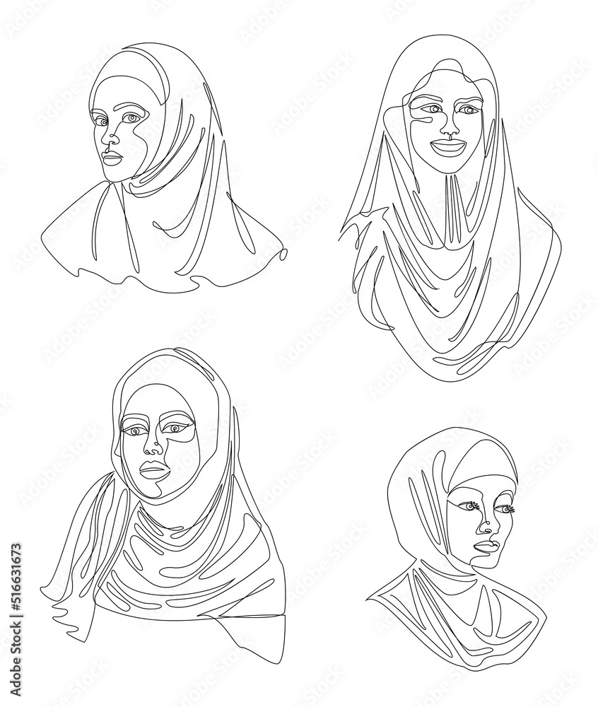 Collection. Girl head silhouettes. Lady in hijab, scarf, arabic muslim headdress, headscarf. Female face in modern single line style. Solid line, sticker outline, logo. Vector illustration set. Collection. Girl head silhouettes. Lady in hijab, scarf, arabic muslim headdress, headscarf. Female face in modern single line style. Solid line, sticker outline, logo. Vector illustration set.