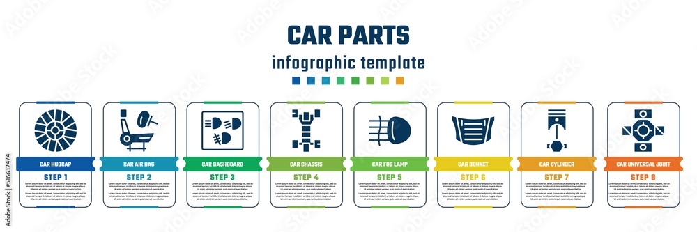 car parts concept infographic design template. included car hubcap, car air bag, dashboard, chassis, fog lamp, bonnet, cylinder, universal joint icons and 8 steps or options. car parts concept infographic design template. included car hubcap, car air bag, dashboard, chassis, fog lamp, bonnet, cylinder, universal joint icons and 8 steps or options.