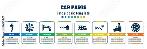 car parts concept infographic design template. included car coil, car sprocket, fender (us, canadian), sump, headlight, crankshaft, luggage rack, tyre icons and 8 steps or options.