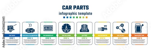 car parts concept infographic design template. included car taiate, car catalytic converter, numberplate, fuel gauge, cowl, distributor, fan belt, petrol tank icons and 8 steps or options.