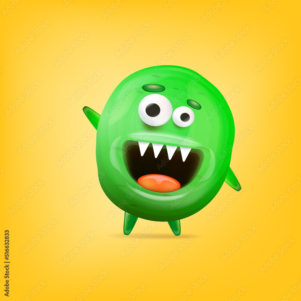 Vector cartoon funny green alien monster isolated on yellow background. Smiling silly green monster print sticker design template. Cute Ghost, troll, gremlin, goblin, devil and halloween monster Vector cartoon funny green alien monster isolated on yellow background. Smiling silly green monster print sticker design template. Cute Ghost, troll, gremlin, goblin, devil and halloween monster