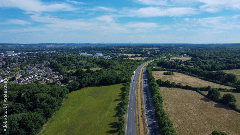 Aerial view of A10 motorway in Hoddsesdon