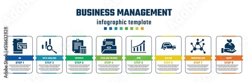 business management concept infographic design template. included on, data analysis, estimate, files and folders, rise, old car, decentralized, wage icons and 8 steps or options.