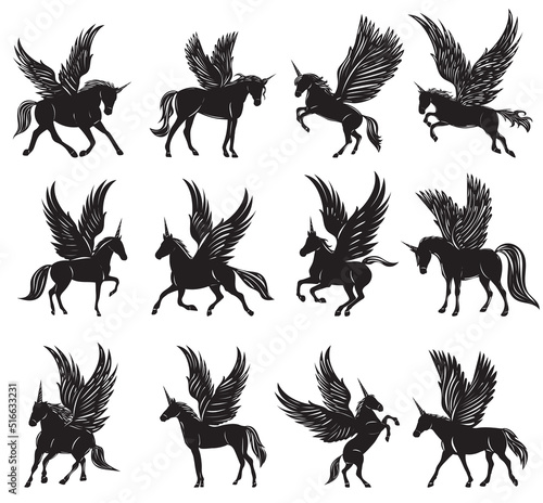 horse with wings, unicorn with wings silhouette set, isolated, vector
