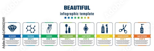 beautiful concept infographic design template. included big diamond, molecular, manicure, flanges mascara, luxury watch, tooth paste and brush, children scissors, soap for hands icons and 8 steps or