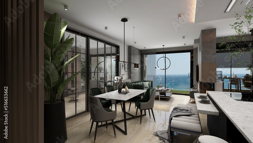 Photography apartamento de lujo con vistas al mar y cocina con isla y salon con chimenea