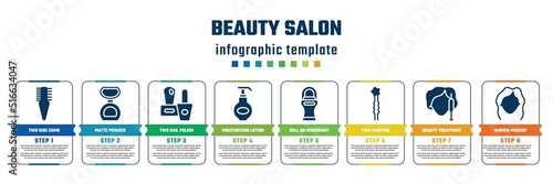 beauty salon concept infographic design template. included two side comb, matte powder, two nail polish, moisturizing lotion, roll on deodorant, two hairpins, beauty treatment, women makeup icons