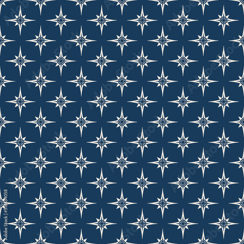 Vector geometric texture with small stars, diamonds, floral silhouettes. Elegant abstract dark blue seamless pattern. Simple minimal background. Stylish repeated geo design for decor, print, textile