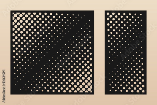 Laser cut panels set. Abstract geometric pattern with circles, halftone dots, grid, diagonal gradient transition. Decorative stencil for laser cutting of wood, metal, paper. Aspect ratio 1:1, 1:2