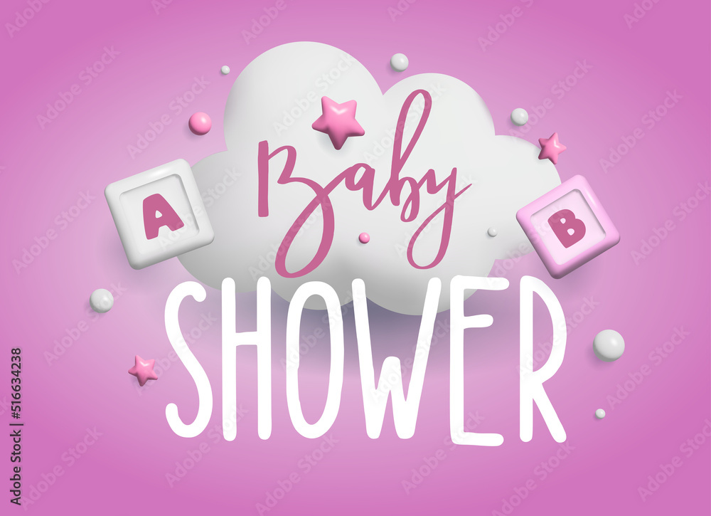 Baby shower 3d space. Banner poster on Baby shower in render style. Lettering it's a boy. Vector 