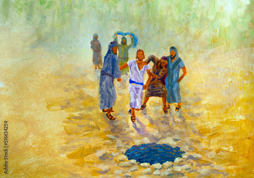 Religion illustration Joseph, the son of Jacob is thrown in a well by his 5 brothers history hand painting artwork by artist photo