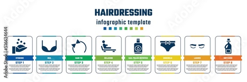 hairdressing concept infographic design template. included hygienic, bra, hair tie, relaxing, nail polish remover, underclo, lashes, softener icons and 8 steps or options.