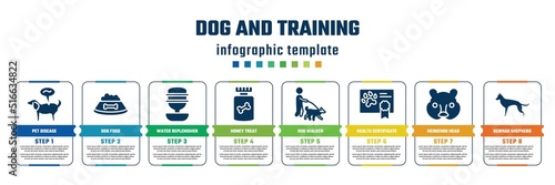 dog and training concept infographic design template. included pet disease, dog food, water replenisher, honey treat, dog walker, health certificate, hedgehog head, german shepherd icons and 8 steps