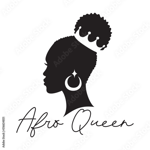 Afro American woman. Afro queen text. African girl simple drawing. Isolated on white. Side profile. Vector illustration.