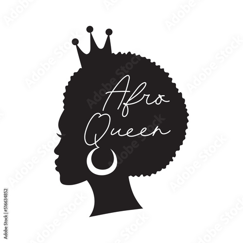 Afro American woman. Afro queen text. African girl simple drawing. Isolated on white. Side profile. Vector illustration.