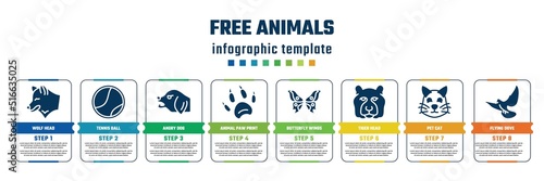 free animals concept infographic design template. included wolf head, tennis ball, angry dog, animal paw print, butterfly wings, tiger head, pet cat, flying dove icons and 8 steps or options.
