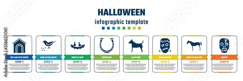 halloween concept infographic design template. included dog and pets house, bird eating seeds, birds in nest, horseshoe, plain dog, frankenstein, horse black side shape, zombie icons and 8 steps or