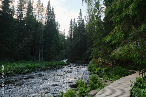 Valley of Waterfalls National Park in Karelia, green mixed forest and river. Wooden paths and stairs for tourists. The concept of travel in Russia.