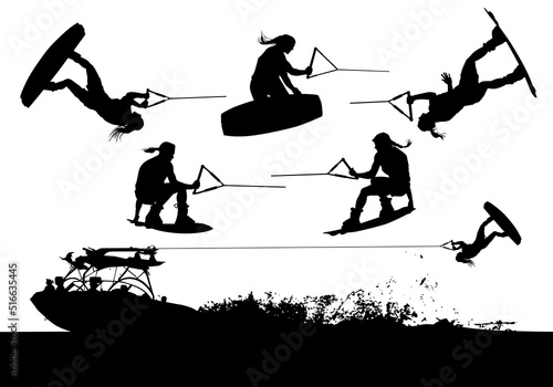 A set of female wakeboarding vector silhouettes of in-air action and a boat pulling a woman wakeboarder.